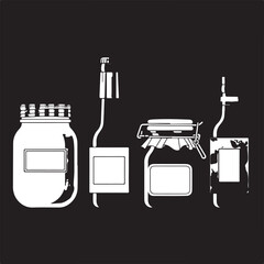 White silhouette of four jars on black background bottle