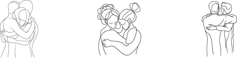 A modern and simple design is used to create a continuous one-line drawing of a group of three young girls, who are sisters, walking with their backs to the viewer