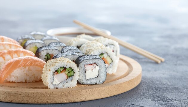 An inviting display of freshly made Japanese sushi and sashimi, artfully arranged on a wooden platter, offering a delicious and authentic taste of Asian cuisine