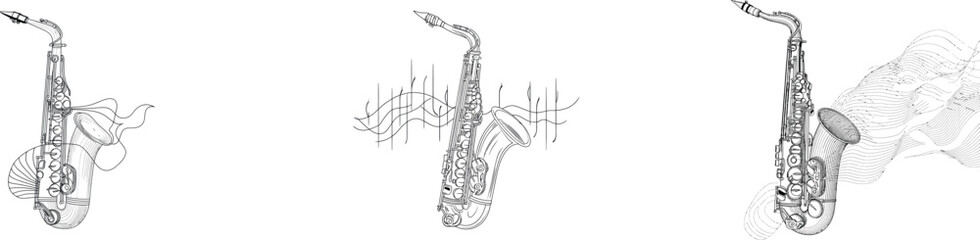 In a minimalist style, a single continuous line drawing illustrates a modern saxophone, an instrument used in jazz music, on a white background
