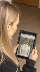 A woman looking at a tablet with a skeleton on the screen