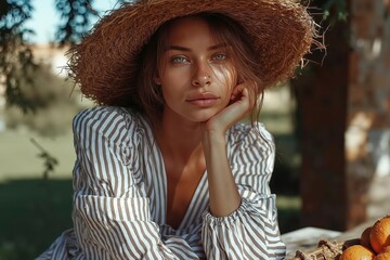 A woman wearing a straw hat sitting at a table with oranges