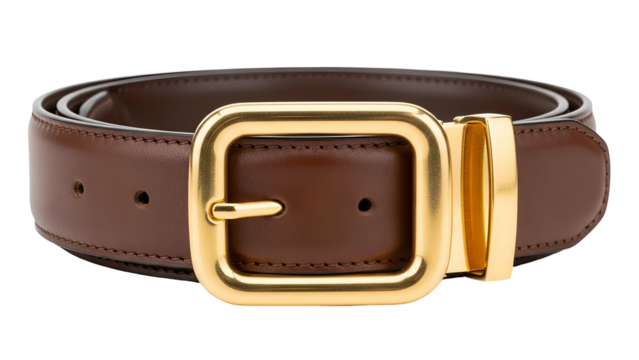 High quality brown leather accessory features a polished gold tone rectangular buckle
