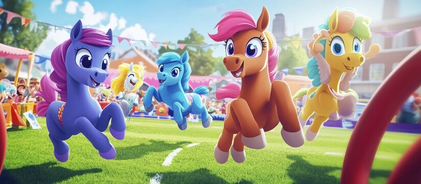 Four cartoon ponies race in a vibrant outdoor field during a sunny day.