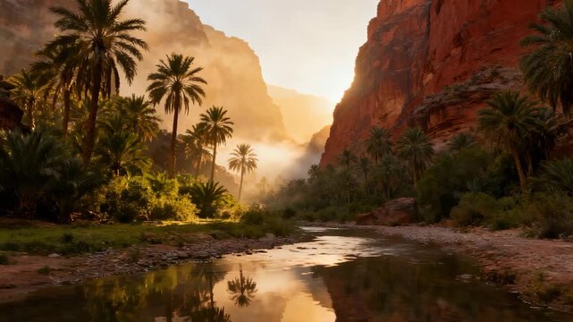 Camera glides forward at low angle beside a stream in Wadi Al Disah, where water reflects towering red cliffs and green palm trees. Sunlight moves across the wet stones as insects buzz through the war