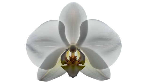 Translucent white orchid blossom glows against a stark black background