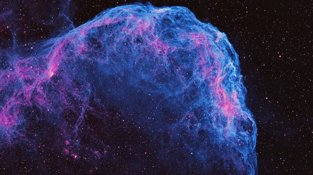 A vibrant, nebulous celestial object with hues of blue and pink, set against a starry backdrop with a few distant stars visible.