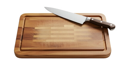 Sharp culinary blade resting upon a well used wooden chopping surface against a dark backdrop