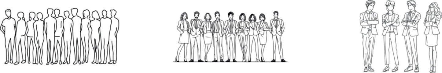 The illustration features a continuous line drawing of business people, including both men and women, posed gently and confidently in a minimalist modern style