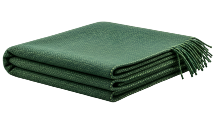 Folded deep green textile throw blanket displays textured weave and fringed edge