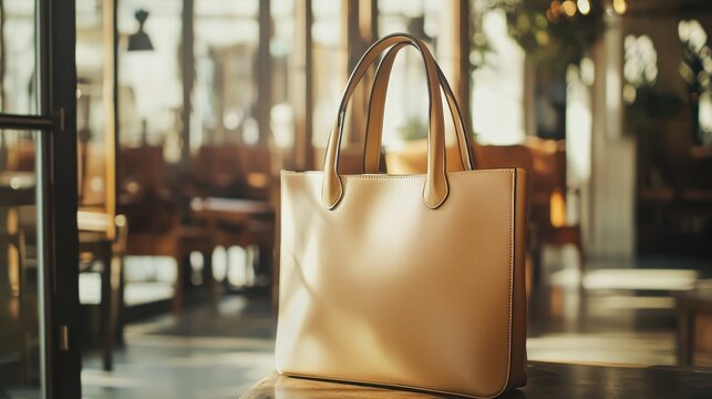 A beige leather handbag with a gold chain strap sits on a wooden table in a well-lit, sunlit cafe.