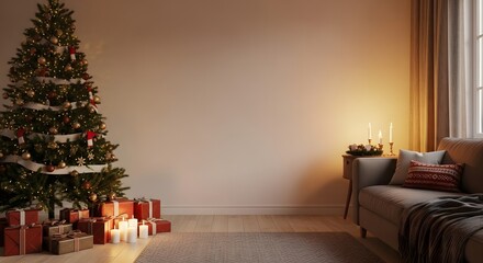 Fototapeta premium Cozy Christmas Living Room with Empty Wall