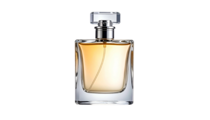 Elegantly shaped glass container holding amber liquid fragrance stands centered against a pure black background.