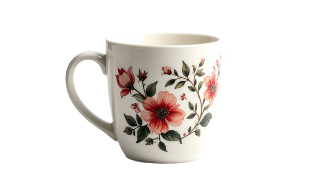 Ceramic drinking vessel displays delicate pink and red floral pattern against a dark background - Powered by Adobe