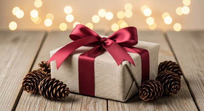 Beautifully wrapped gift box with red ribbon and pinecones on wooden table in festive setting