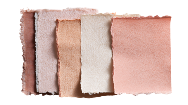 A stack of handmade paper samples in various shades of pink and peach isolated on transparent background - Powered by Adobe