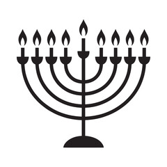 Black silhouette of a hanukkah menorah with nine lit candles