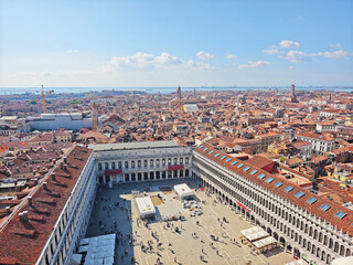 High angle view of Venice's Piazza San Marco, historic buildings with wide city skyline
