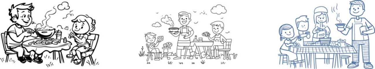 A modern couple and their happy family are shown in a one-line continuous drawing, engaged in a picnic with a variety of food, snacks, and meals, as they relax and refresh themselves sitting in a