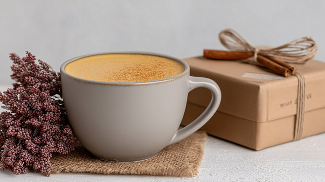 Coffee mug next to a gift and dried flowers — cozy still life for seasonal merchandising and lifestyle.