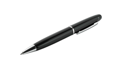 Elegant black writing instrument with metallic accents rests against a dark backdrop
