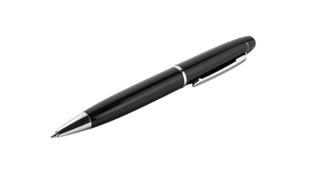 Elegant black writing instrument with metallic accents rests against a dark backdrop