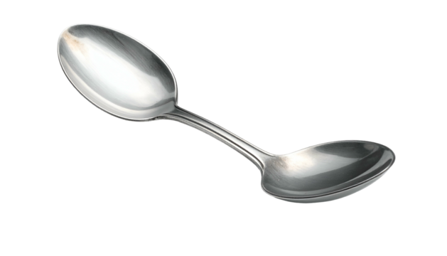Polished metal utensil featuring two bowls connected by a central handle against a stark black background