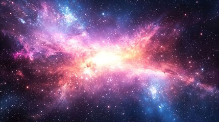 Obraz premium A vibrant, colorful nebula with a mix of pink, purple, and blue hues, surrounded by countless stars and gas clouds, set against a dark, starry backdrop.