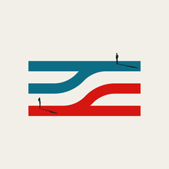 Man and woman inequality. Unequal career paths, minimalist illustration of the gap in opportunity and the persistent problem of corporate discrimination in the professional world.
