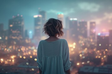 A woman standing on top of a building looking out over a city at night