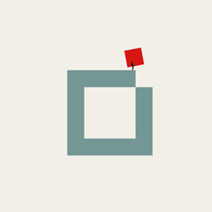 A small figure places the final red piece to complete a large, geometric square shape. A minimalist visual metaphor for problem-solving, achieving a goal, and finding the perfect solution.