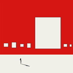 A person looking at a large blank square next to smaller squares on a red wall. This represents the critical importance of seeing the big picture and adopting a comprehensive, strategic view.