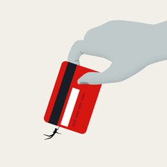 Small human silhouette clinging precariously to a giant credit card held by a massive hand, symbolizing the overwhelming struggle and danger of being burdened by consumer debt.