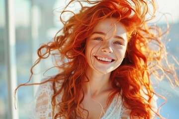 A woman with long red hair smiling and waving her hair