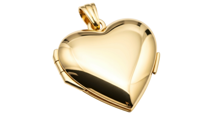 Polished golden heart-shaped locket pendant hangs against a stark black background