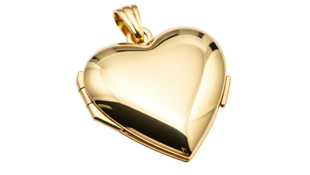 Polished golden heart-shaped locket pendant hangs against a stark black background