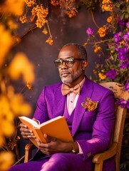 A man in a purple suit sitting in a chair reading a book