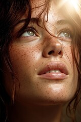 A close up of a woman with freckles on her face