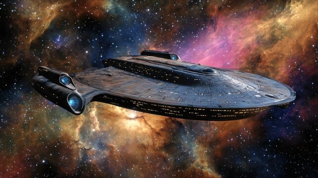 A futuristic spaceship flying through a starry, colorful nebula in space, with a detailed, detailed, and detailed background. - Powered by Adobe