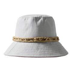 Stylish white linen bucket hat, casual fashion accessory for summer. Isolated headwear with braided rope detail