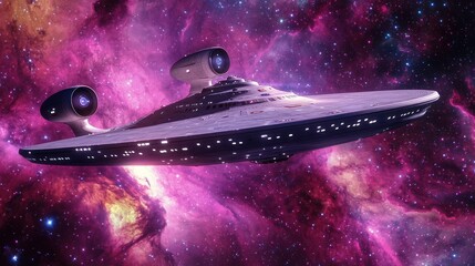 A large, futuristic spaceship with a purple and pink nebula in the background, floating in space with a star field and a bright light in the distance.