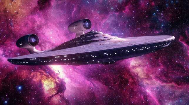 A large, futuristic spaceship with a purple and pink nebula in the background, floating in space with a star field and a bright light in the distance.