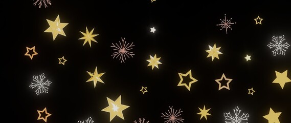 Beautiful winter holiday background with golden stars and snowflakes on black. Perfect for Christmas, New Year, and winter designs.