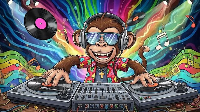 Monkey DJ Cartoon - A Vibrant Party Scene with Turntables.