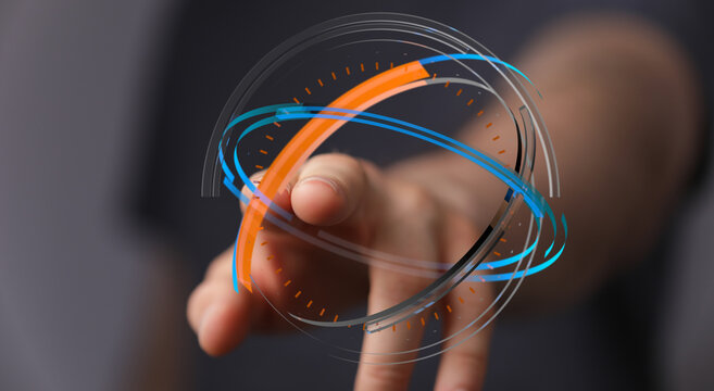 Close-up of hand touching a futuristic interface featuring an abstract sphere with orange and blue elements. Depicts technology, futu - Powered by Adobe