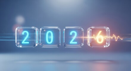 Bright digital display showing the transition from 2020 to 2026 with glowing numbers and a heartbeat line