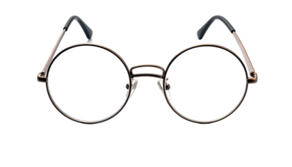 Round wire-rim eyeglasses with clear lenses presented against a solid black background