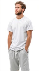 A man wearing a white t-shirt and grey shorts