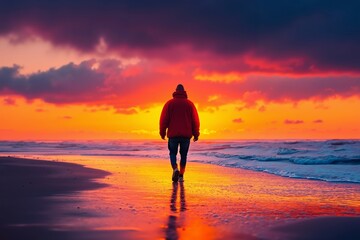 A person walking on the beach at sunset