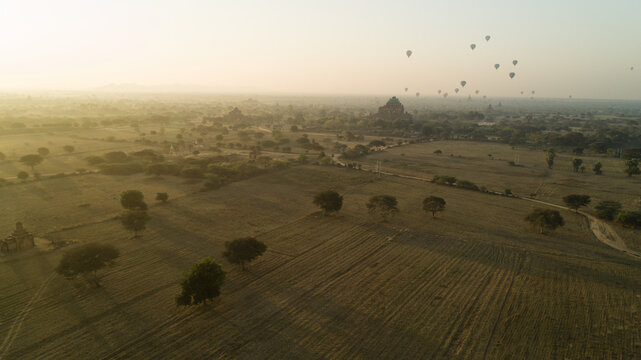 Aerial view of hot air balloons drift serenely over the ancient temples and golden plains, casting long shadows in the soft morning light, Old Bagan, Mandalay Region, Myanmar (Burma).